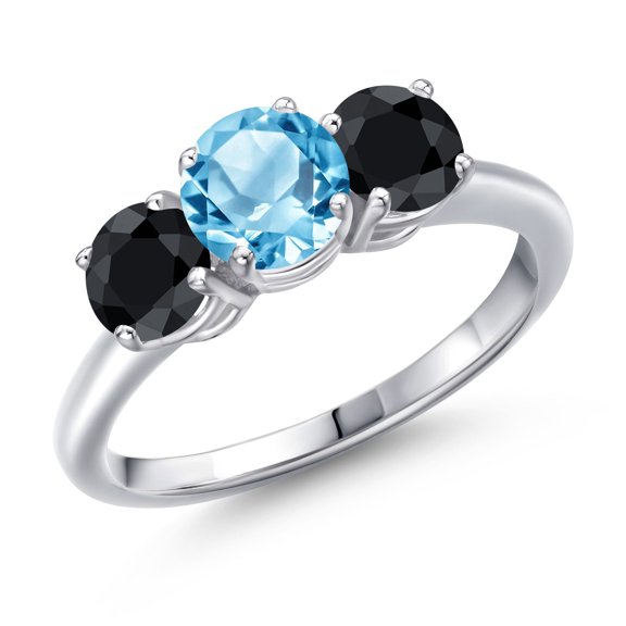 Gem Stone King 925 Sterling Silver Swiss Blue Topaz and Black Sapphire Engagement Ring for Women | 2.38 Cttw | Round 6MM | Gemstone November Birthstone | Size 5