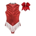 thumbnail image 3 of TiaoBug Women Metallic Latin Dance Leotard Fringe Cheerleading Uniform Outfits With Headwear Red S, 3 of 7