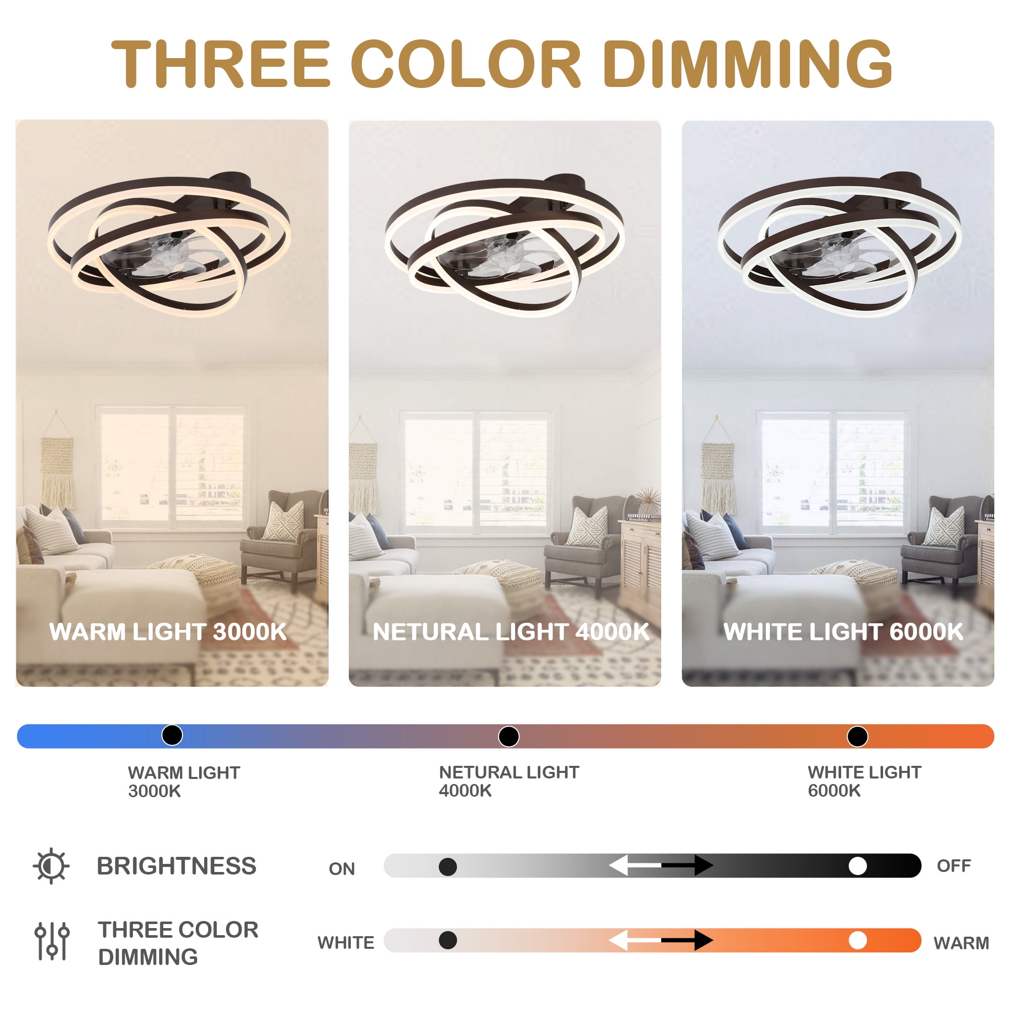 24Inch Modern Coffee Indoor Reversible Ceiling Fan with Dimmable LED Light, 6-Speed DIY Shape Ceiling Fan with Remote and APP Control
