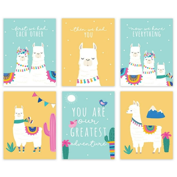 Koyal Wholesale Llama Theme Nursery Kids Room Unframed Hanging Wall Art Poster Home Decor, 8.5x11-inch, Aqua Yellow, First We Had Each Other Then You Now We Have Everything, 6-Pack
