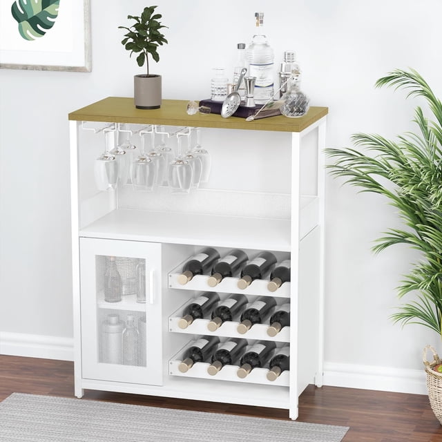 Ourlova Wine Bar Cabinet Home Coffee Bar Cabinet w/Detachable Wine Rack and Glass Holder Kitchen Buffet Sideboard Storage Shelf Freestanding Liquor Cabinet for Living RoomDining RoomWhite