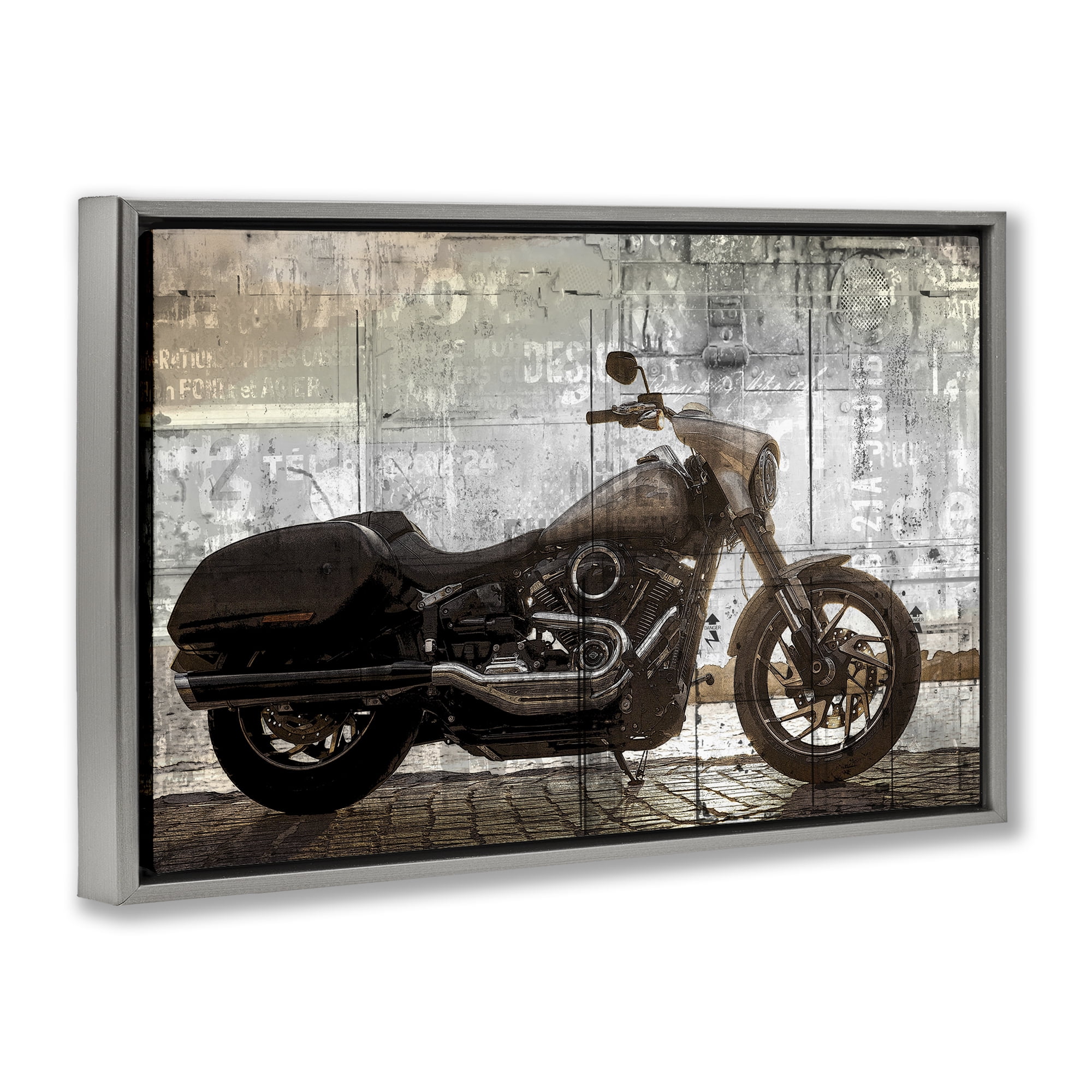 Stupell Industries Sunset Ride Motorcycle Gray Framed Floater Canvas Wall Art, design by Kim Allen