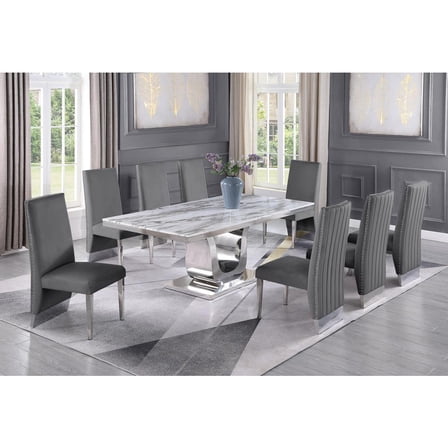 Silver Stainless Steel 9 Piece Dining Set with Marble Table and Gray Chairs