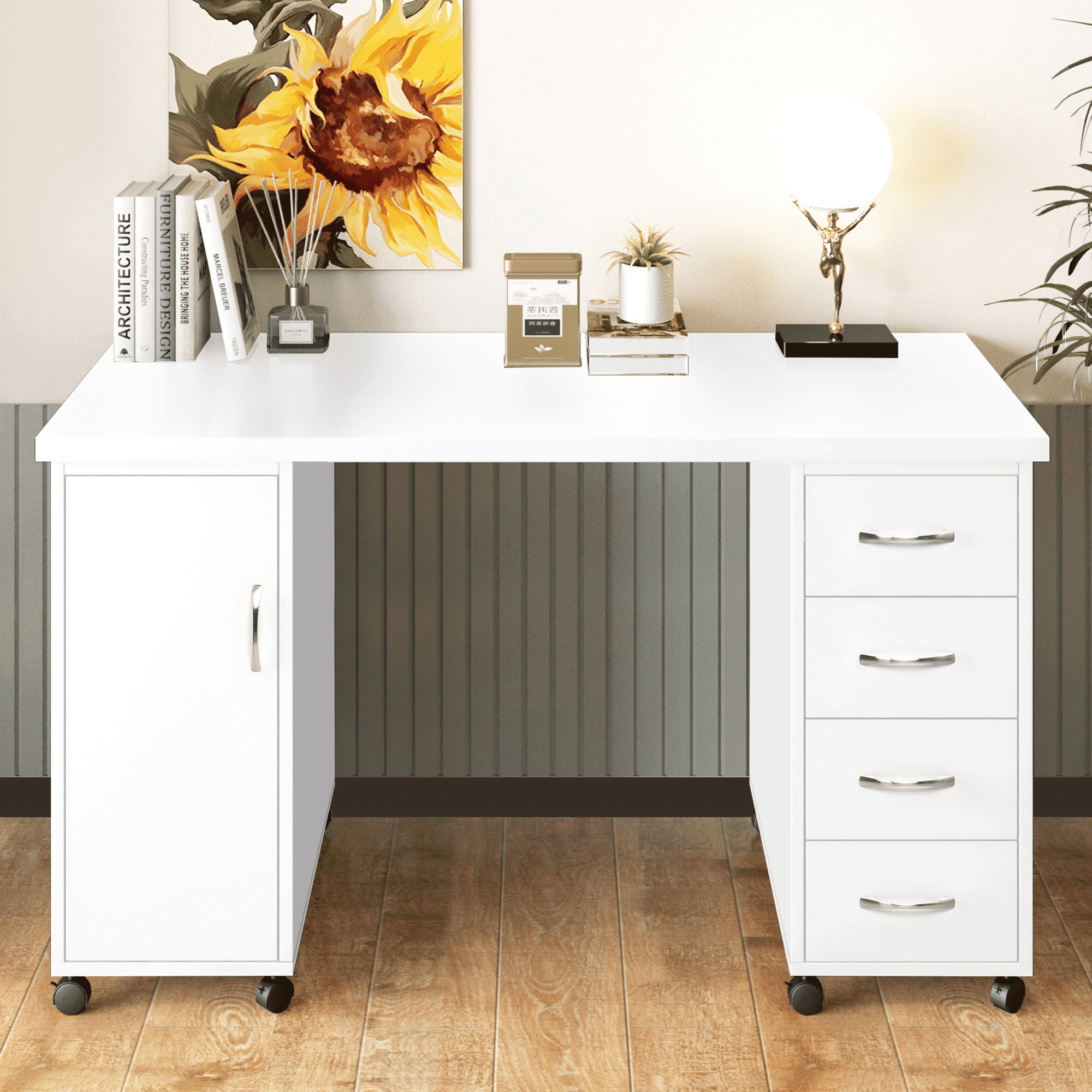 Sesslife White Computer Desk, Writing Desk with Lockable Wheels，Modern Wood Study Desk with 4 Drawers for Home Office Workstation