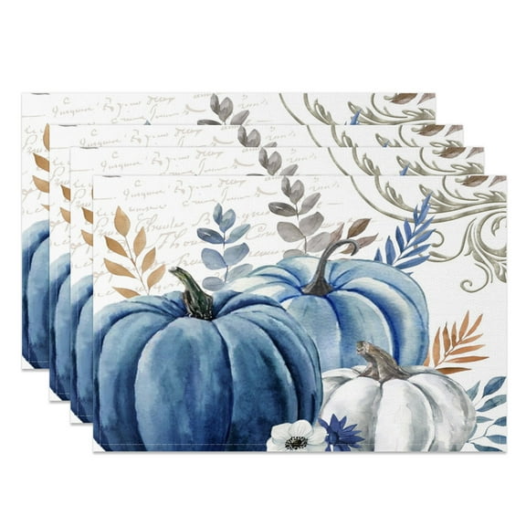 MIZHONA Blue Fall Pumpkins Placemats Set of 4,Autumn Thanksgiving Linen Table Mats for Table Decorations 12x18 in