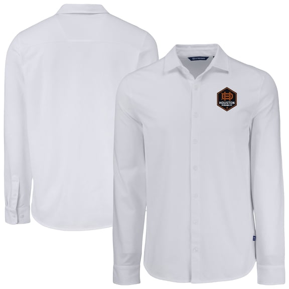 Men's Cutter & Buck White Houston Dynamo FC Knitted Advantage Tri-Blend Eco Soft Pique Long Sleeve Button-Up Shirt