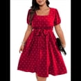 thumbnail image 2 of Vestido Elegante de Talla Grande con Lunares Retro, Cuello Cuadrado y Lazo en la Cintura para Mujer Rojo XL, 2 of 9
