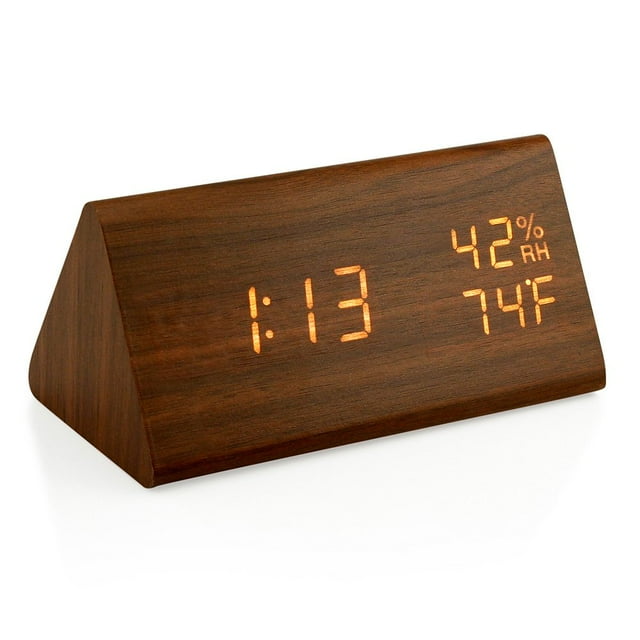 Reloj despertador de madera OCT17, reloj digital LED inteligente para dormitorio o escritorio, actualizado con temperatura, brillo ajustable y control de voz, pantalla de humedad, color marrón