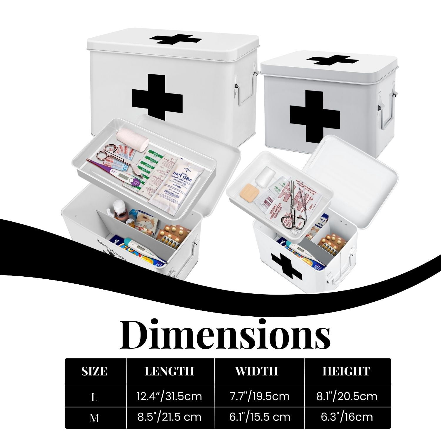 First Aid Box Organizer - Empty 13" White Vintage First Aid Kit Tin Metal Medical Box - First Aid Storage Box Container Bins with Dividers, Removable Tray and Black Cross Logo