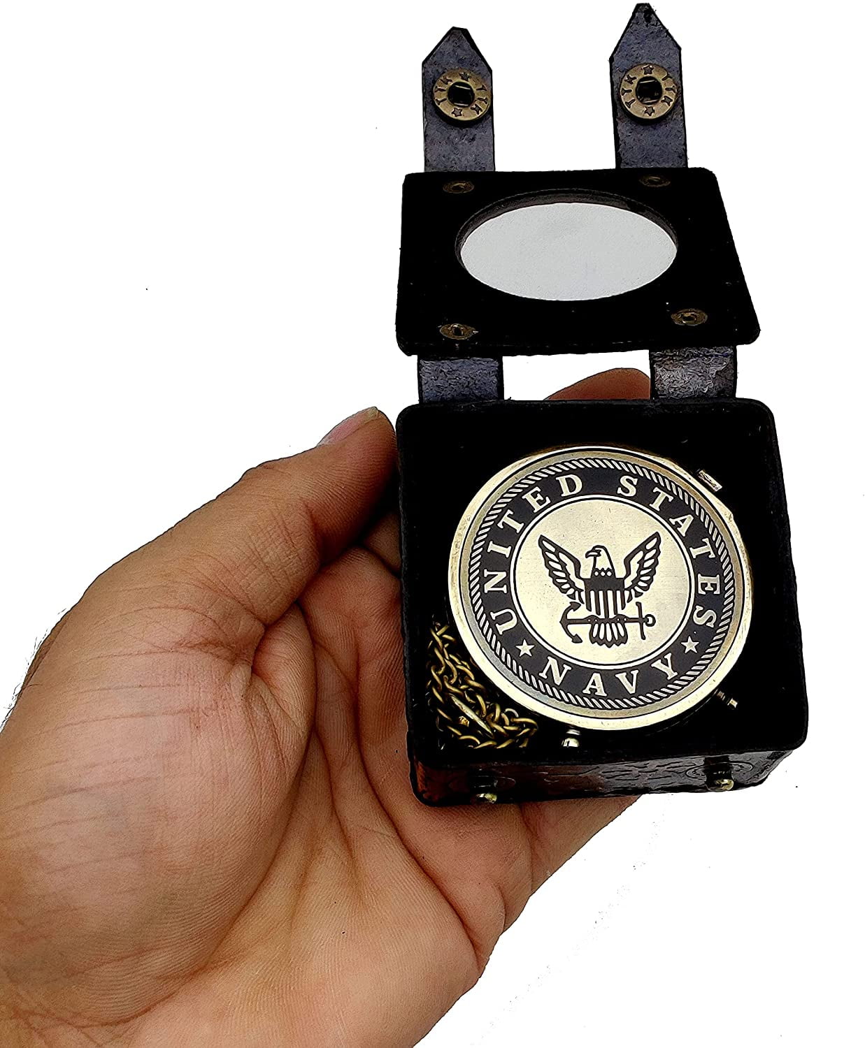 5MOONSUN5's US Navy Engraved Brass Military Compass Nautical Marine Gift A Perfect and Unique Gift for Army Person Survival Navigation Compass for Hiking Camping Hunting with Leather Display Case