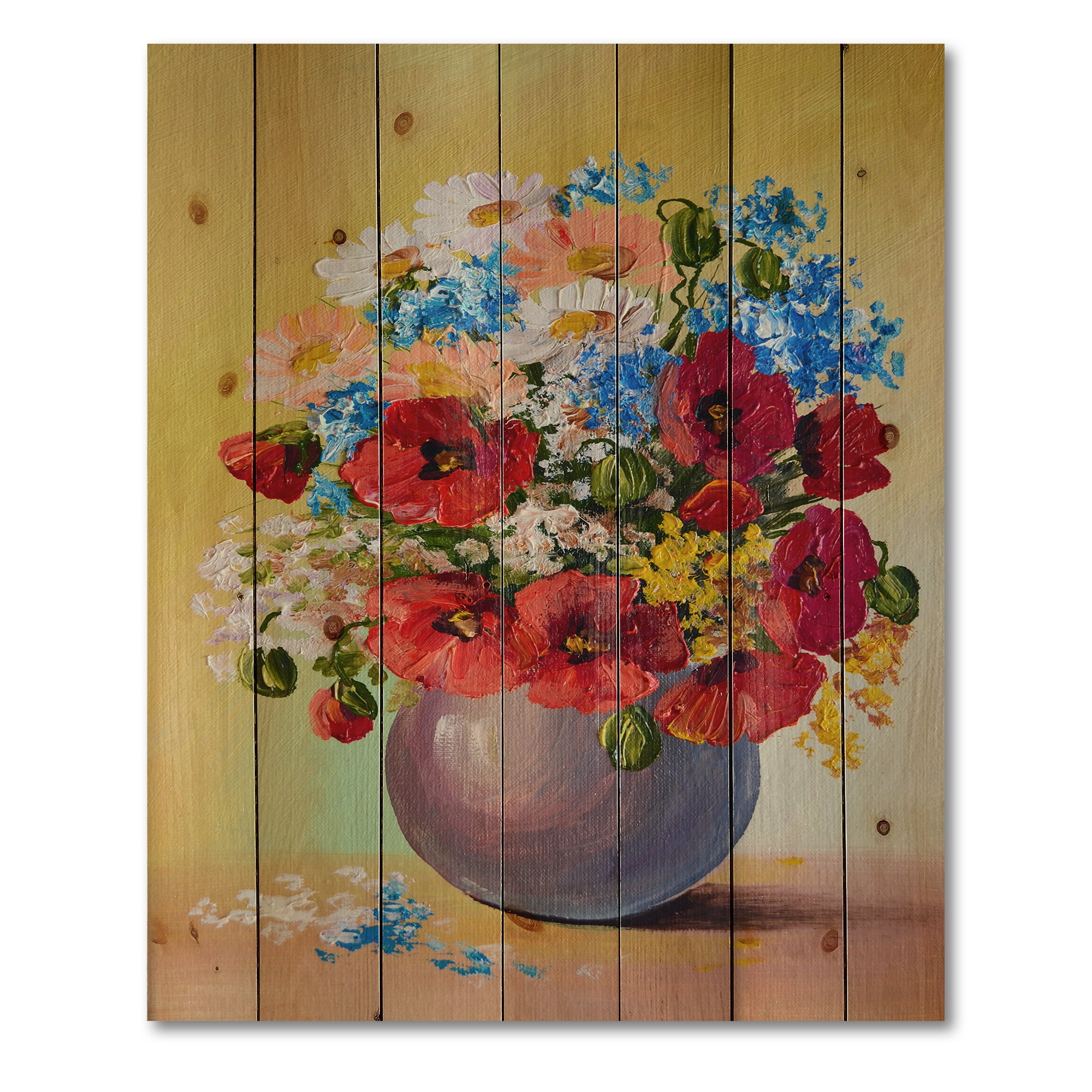 Designart 'Still Life A Bouquet Of Blue and Red Flowers' Traditional Print on Natural Pine Wood