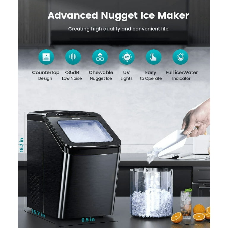 Auseo Nugget Ice Maker Countertop with Soft Chewable Pellet Ice, 34lbs/24H, Self-Cleaning, Sonic Ice Machine for Home/Office/Party-Gray