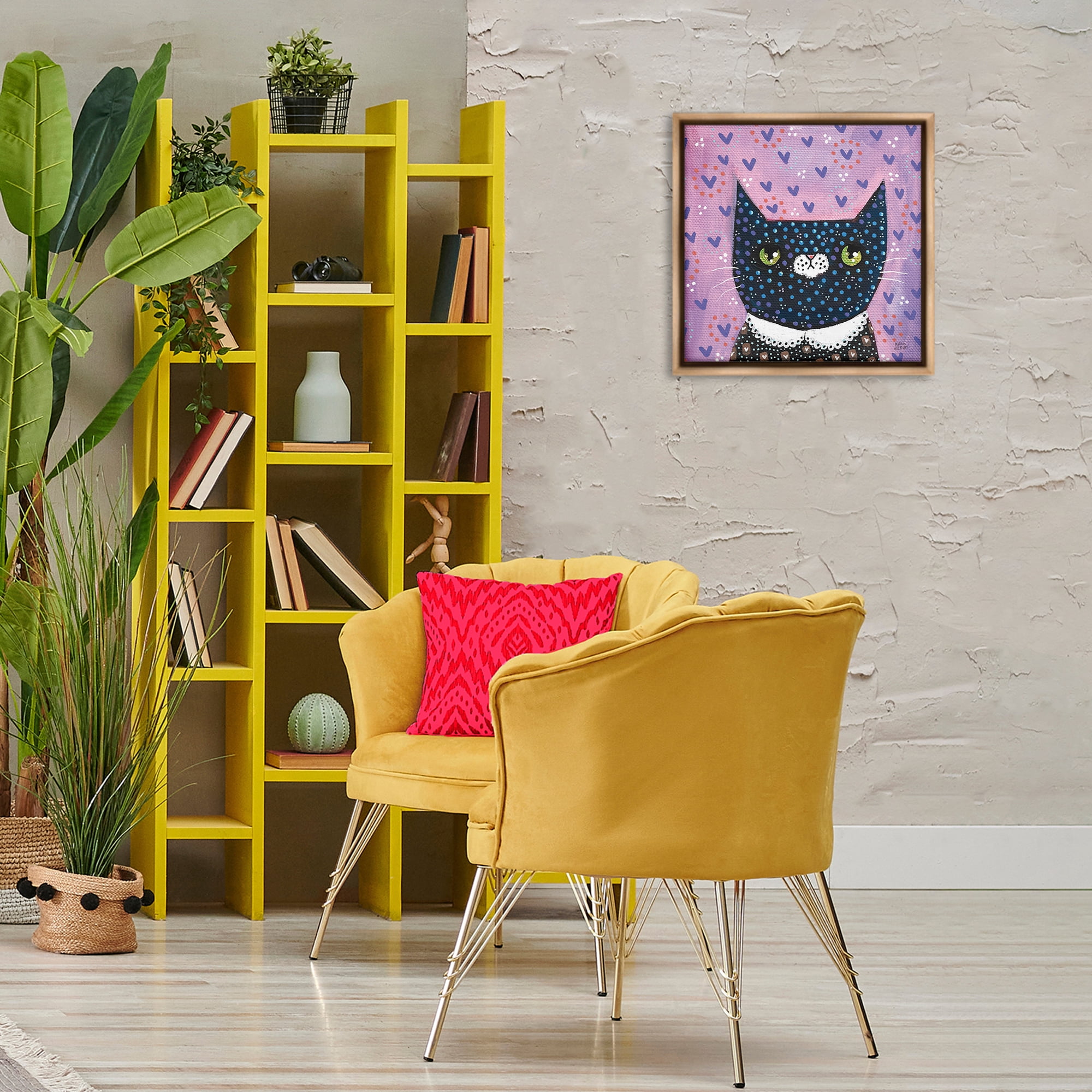 Stupell Industries Whimsical Patterned Cat Animals & Insects Painting Brown Floater Framed Canvas Art Print Wall Art, 18 x 18