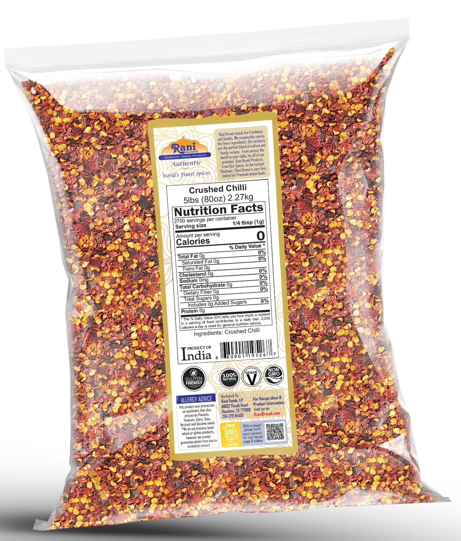 Rani Crushed Red Pepper Flakes Chilli (Pizza Type Cut) 80oz (5lbs) 2.27kg Bulk ~ All Natural, No Color added, Gluten Friendly | Vegan | NON-GMO | Kosher | No Salt or fillers