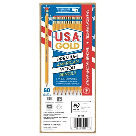 U.S.A. Gold Pre-sharpened American Wood Cased #2 HB Yellow Pencils, 60 Pack (Model: 85801-24)