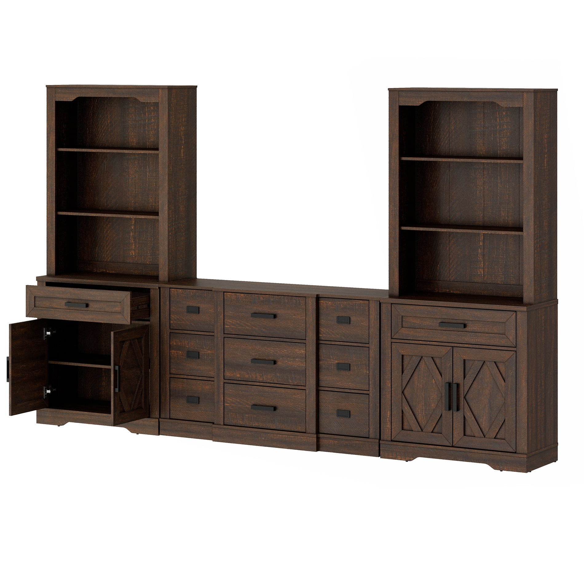 WAMPAT Farmhouse Entertainment Center with Bookshelf for TVs up to 60",Mid Century Modern TV Stand with 73"H Tall 5-Tier Bookcase with Open Storage and Barn Doors for Living Room,Bedroom,Brown