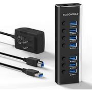 Powered USB Hub, ROSONWAY Aluminum 7 Port USB 3.0 Hub with 24W AC Adapter and 3.3ft USB 3.0 Data Cable , RSW-A37S