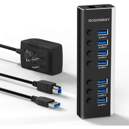 Powered USB Hub, ROSONWAY Aluminum 7 Port USB 3.0 Hub with 24W AC Adapter and 3.3ft USB 3.0 Data Cable , RSW-A37S