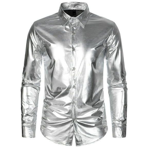 WREESH Men's Shirts Casual Fashion Whole Colored Turn-Down Collar Button Long Sleeve Shirt Shirt Silver
