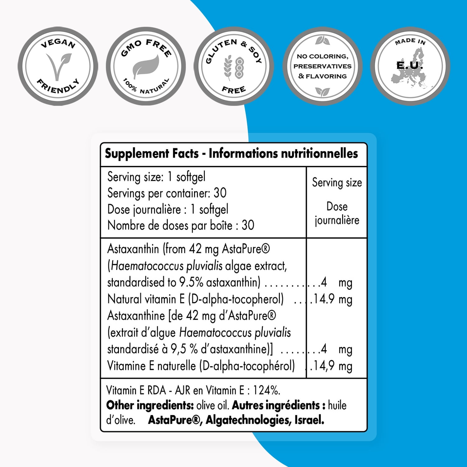 SuperSmart Astaxanthin 4mg per Day (Patented & High Potency) - with AstaPure, Vitamin E, Olive Oil - Antioxidant Carotenoid | Non-GMO & Gluten Free - 30 softgels
