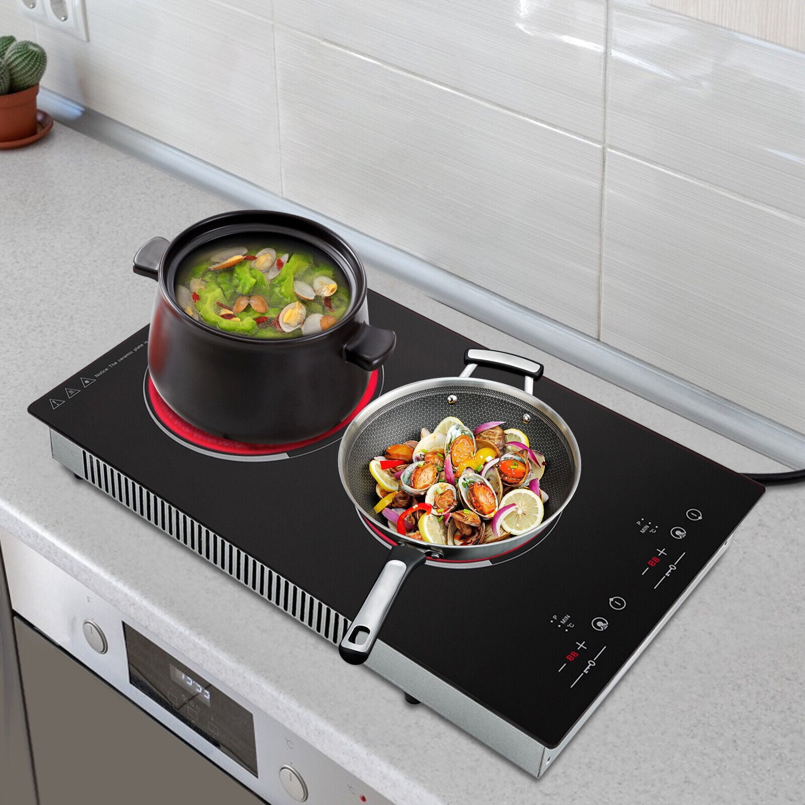 2 Burners Modern Electric Cooking Stove Ceramic Cooktop Touch Control 1500W 140-482°F Black 20.08*11.34in