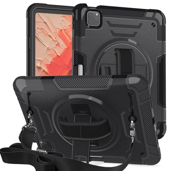 ELEHOLD Case for iPad Pro 11 2024, Shockproof Case with 360°Rotating Adjustable Shoulder Hand Strap & Stand,Black