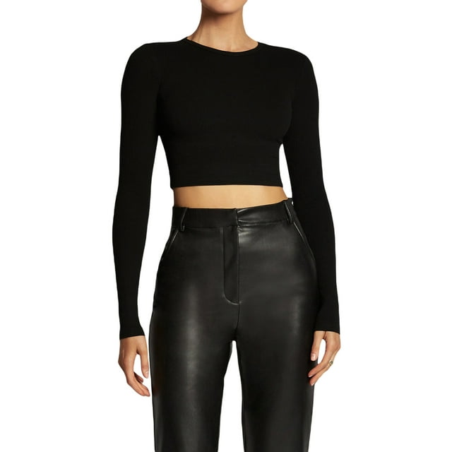 xiaxaixu Hauts Courts à Manches Longues pour Femmes Couleur Unie Col Rond Ajusté Printemps Automne Nombril Exposé Chemises Mode Urbaine