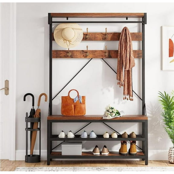 Large Coat Rack Shoe Bench Industrial Hall Tree Storage Bench for Entryway Wood Shoe Rack Bench with Storage Shelf Hanging Bar,8 Hooks