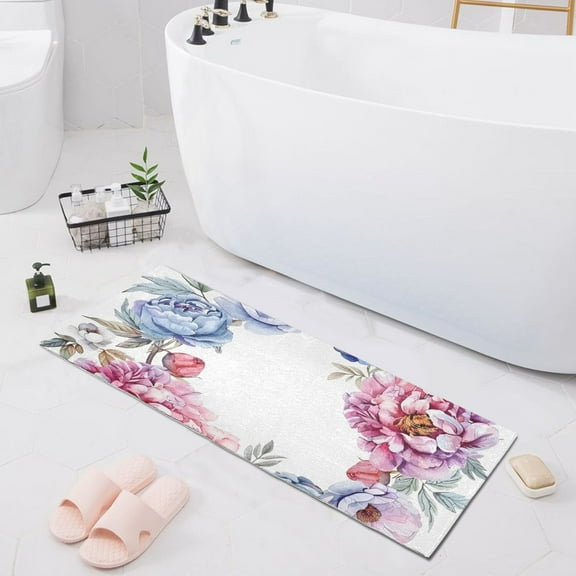 Bath Mat Soft Plush Non-Slip Absorbent Bathroom Rugs 39"x20" Colorful Floral Wreath