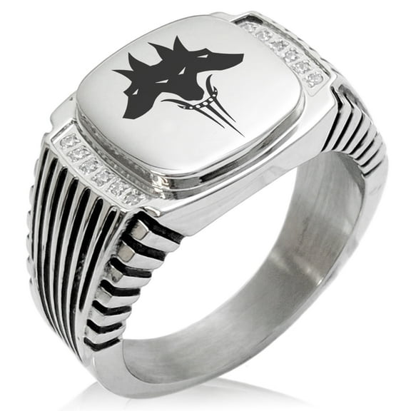 Tioneer Stainless Steel Greek Mythology Cerberus CZ Ribbed Needle Stripe Pattern Biker Style Polished Ring