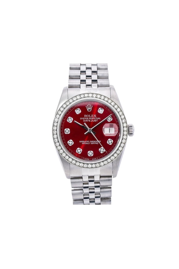 Pre-Owned Rolex Datejust 36MM 16014 Red Diamond Dial Diamond Bezel Stainless Steel Jubilee Bracelet 1.2ct