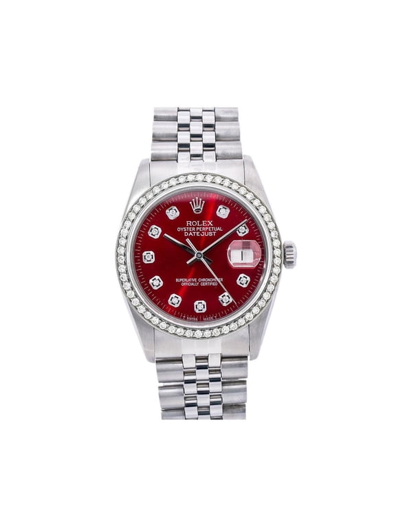 Pre-Owned Rolex Datejust 36MM 16014 Red Diamond Dial Diamond Bezel Stainless Steel Jubilee Bracelet 1.2ct