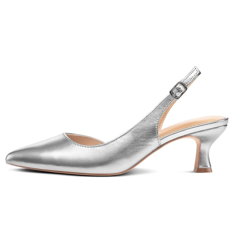 comfortable silver dress pumps Penny Sue Women's Slingback Heels Metal Silver Kitten Pointed Toe Heels Dress Pumps Comfortable Wedding Party Shoes 8.5m