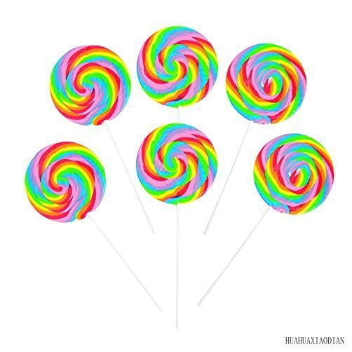 Large Rainbow Swirl Lollipop Suckers (6 Jumbo Pops) Fruity Flavored And