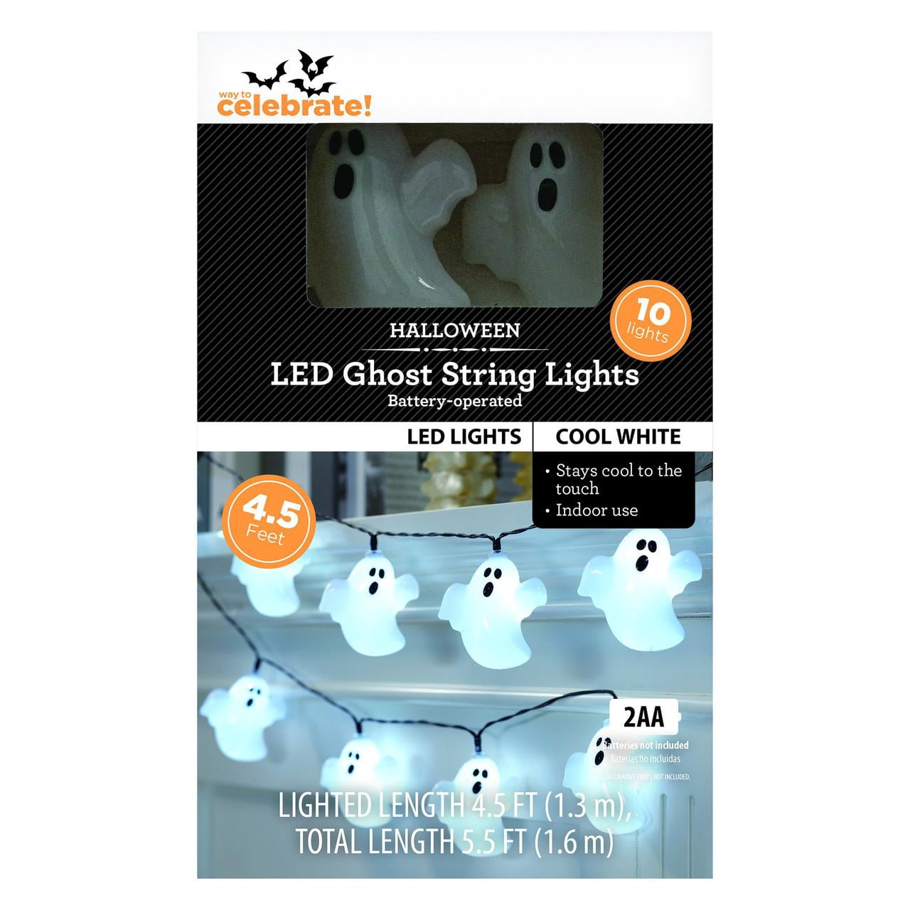 Ghost Lights, 10CT, Cool White LED, 4.5ft, Battery Operated, Halloween Indoor, by Way To Celebrate