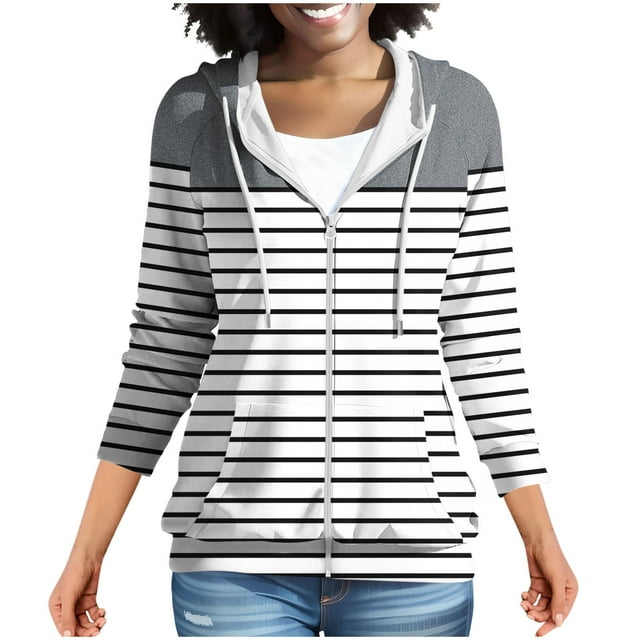 Striped Sweatshirt for Womens Open Front Full-Zip Cardigans Relaxed Fit Dressy Causal Jackets Long Sleeve Ultra Soft Textured Thermal Shirts