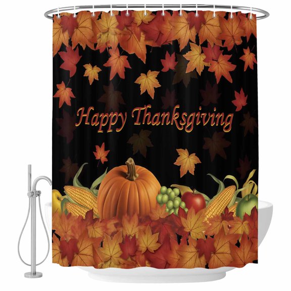 Fall Maple Leaves Shower Curtain, Waterproof Shower Curtains for Bathroom, Happy Thanksgiving Pumpkins Autumn Black Washable Fabric Bathtub Curtain Set Bath Decor with 12 Hooks 48"x72"