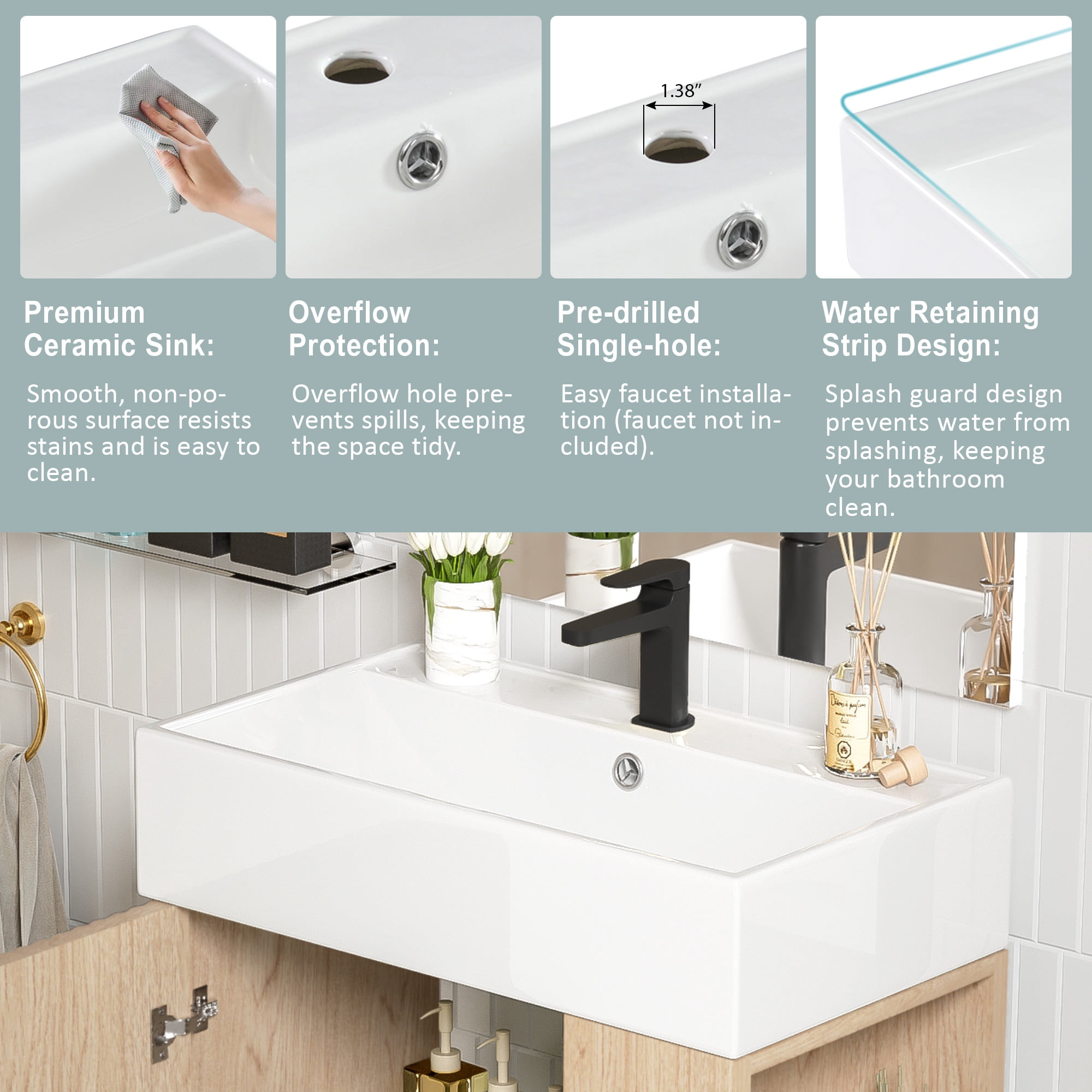 Euroco 21.6" Wood Bathroom vanity, Combo Cabinet, Bathroom Storage Cabinet, Single Ceramic Sink, Right side storage