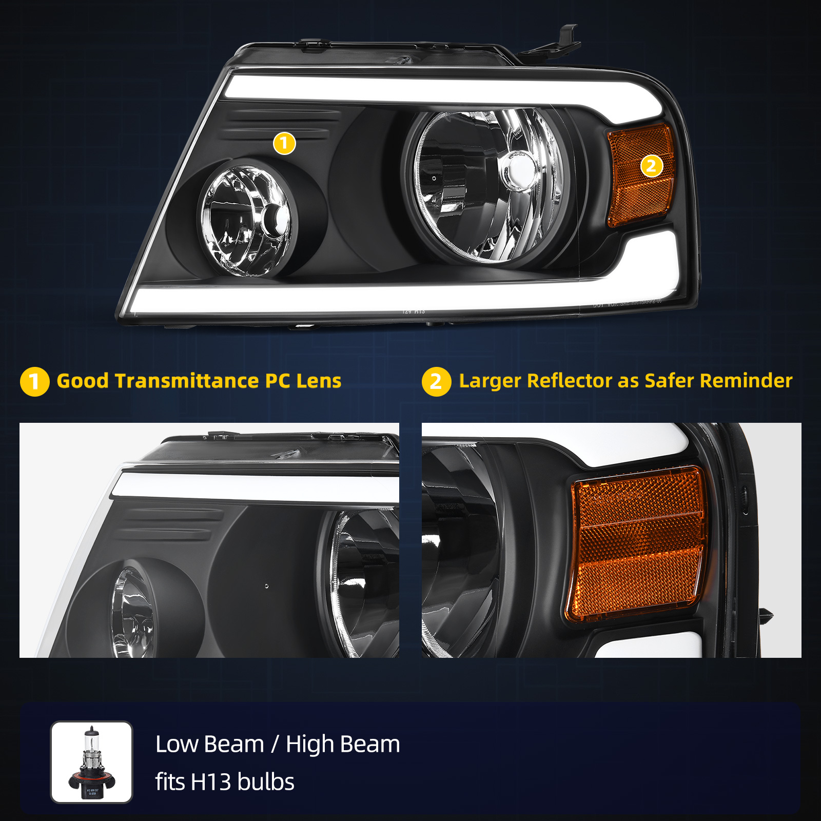 RVNI For 2004-2008 Ford F150 F-150/06-08 Lincoln Mark LT LED DRL Sequential Headlight