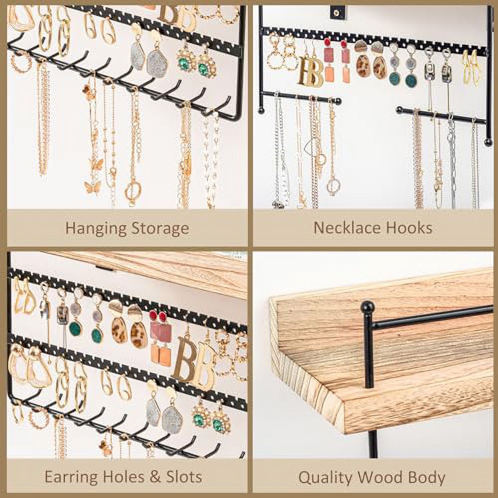 Lolalet Wall Mounted Jewelry Organizer, Set of 2 Hanging Shelves Jewelry Holder Display for Earrings Bracelet Necklace Perfume Lipstick Ring, Women Girls Bedroom Jewelry Storage Rack -Black