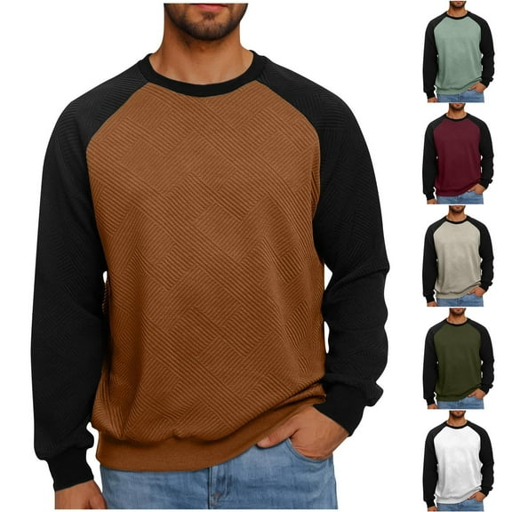 Momasggi Men's Crewneck Sweatshirts Cozy Long Sleeve Raglan Sweatshirt Fashion Color Block Pullover Tops Geometric Textured Sweatshirt Wine M