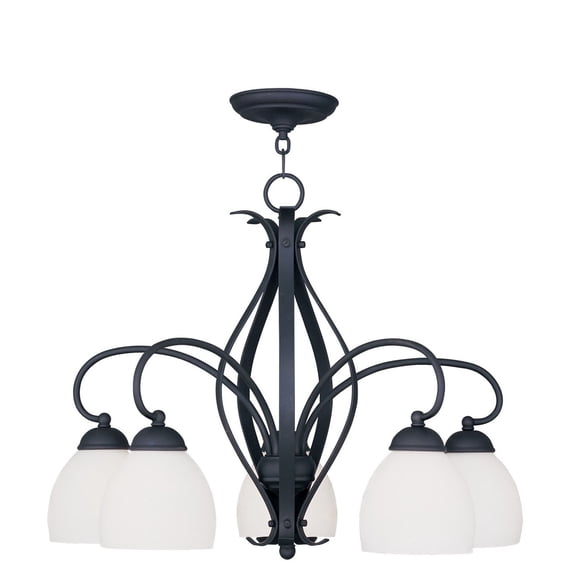 5 Light Black Chandelier with Hand Blown Satin Opal White Glass Shade