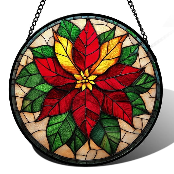 Stained Glass Window Hanging - Poinsettia Birth Flower Suncatcher for Door Garden Home Decor Retro Sun Catchers Christmas Mother's Day Birthday Gifts for Women Men Mom Nana Friend