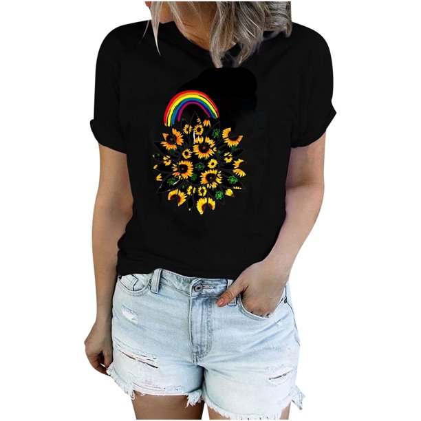 Camiseta de cuello redondo de verano de moda sexy informal para mujer blusa de manga corta suelta estampada Pompotops hkajfhjk466738