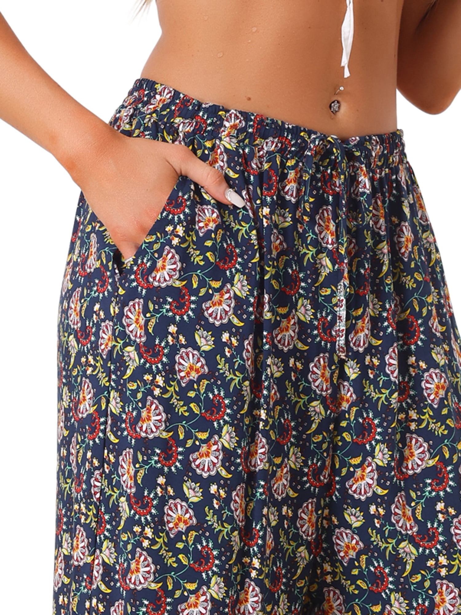 DARING DIVA Women's Drawstring Waist Wide Leg Floral Pants with Pockets M Navy Blue