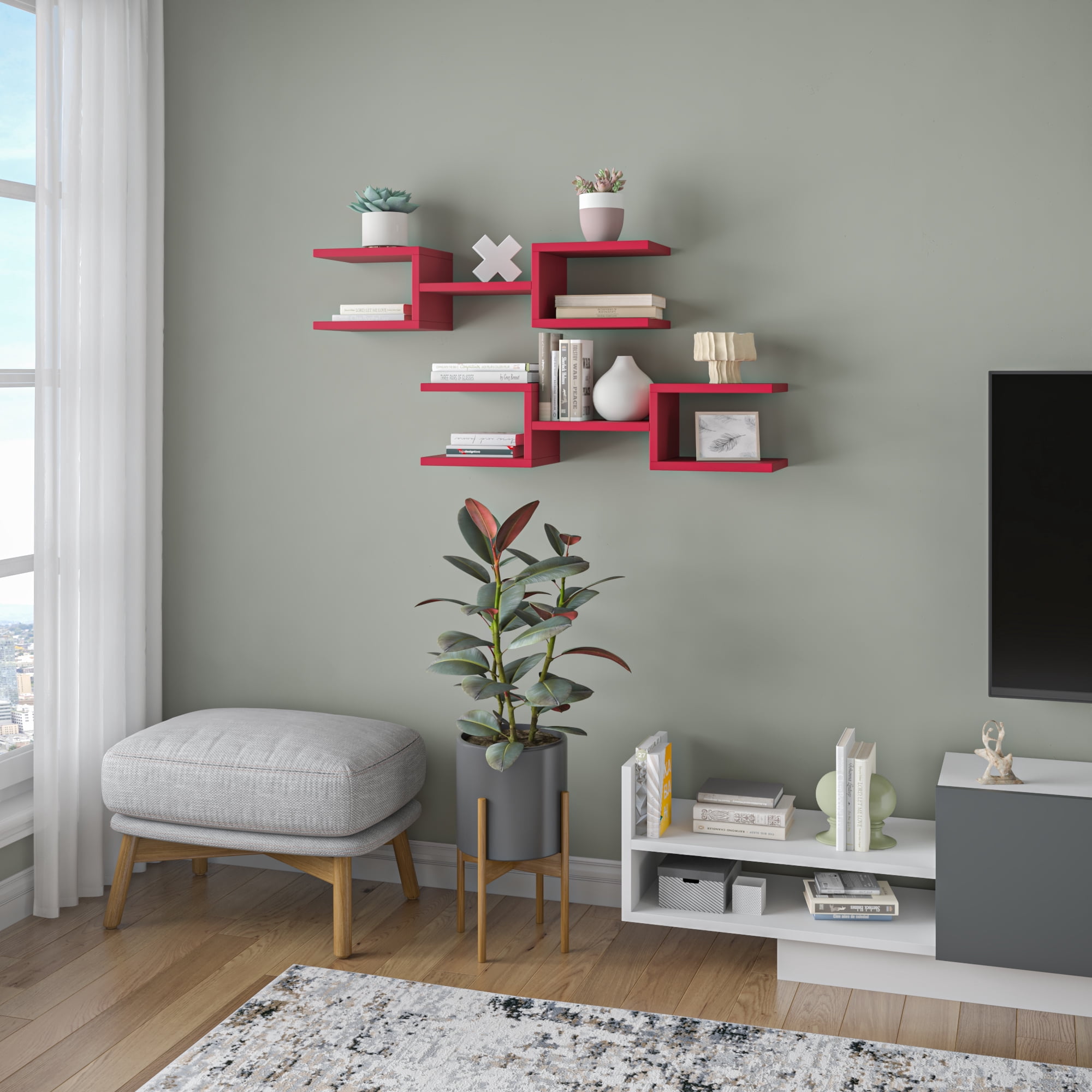 Ada Home Decor Floating Shelves for Wall Storage, 29.53" W x 7.87" D Geometric Wall Shelf Organizer, Modern Shelf for Wall Decor, Burgundy