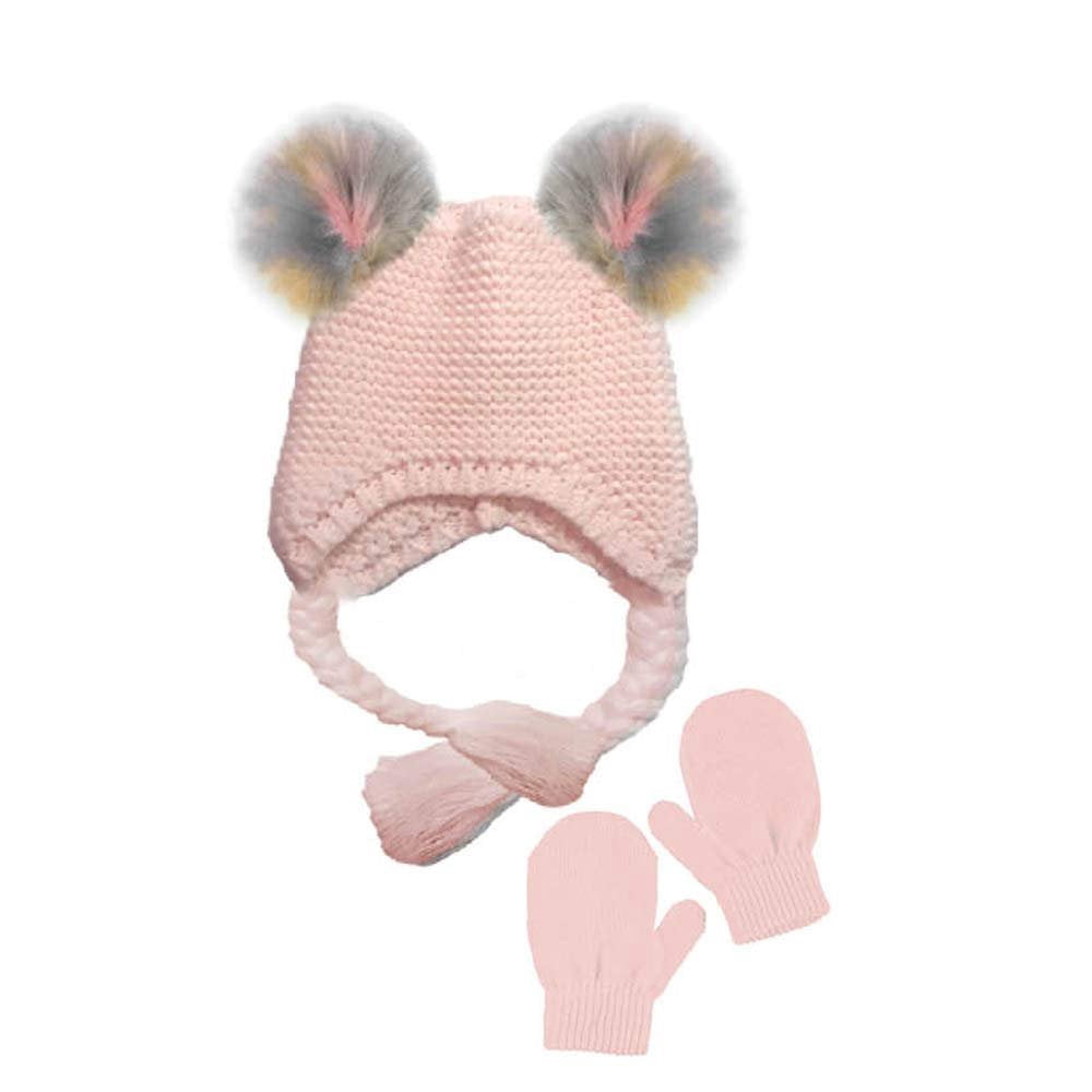 Knit Hat with Pom Poms and Mitten Set 