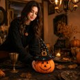 thumbnail image 5 of Gqtwoy Witch Hat Pumpkin Decor Set, Rustic Tabletop Decor, Vintage Halloween Centerpiece, Soft Fabric Pumpkin with Floral Hat, Tiered Tray and Shelf Decoration, 5 of 6