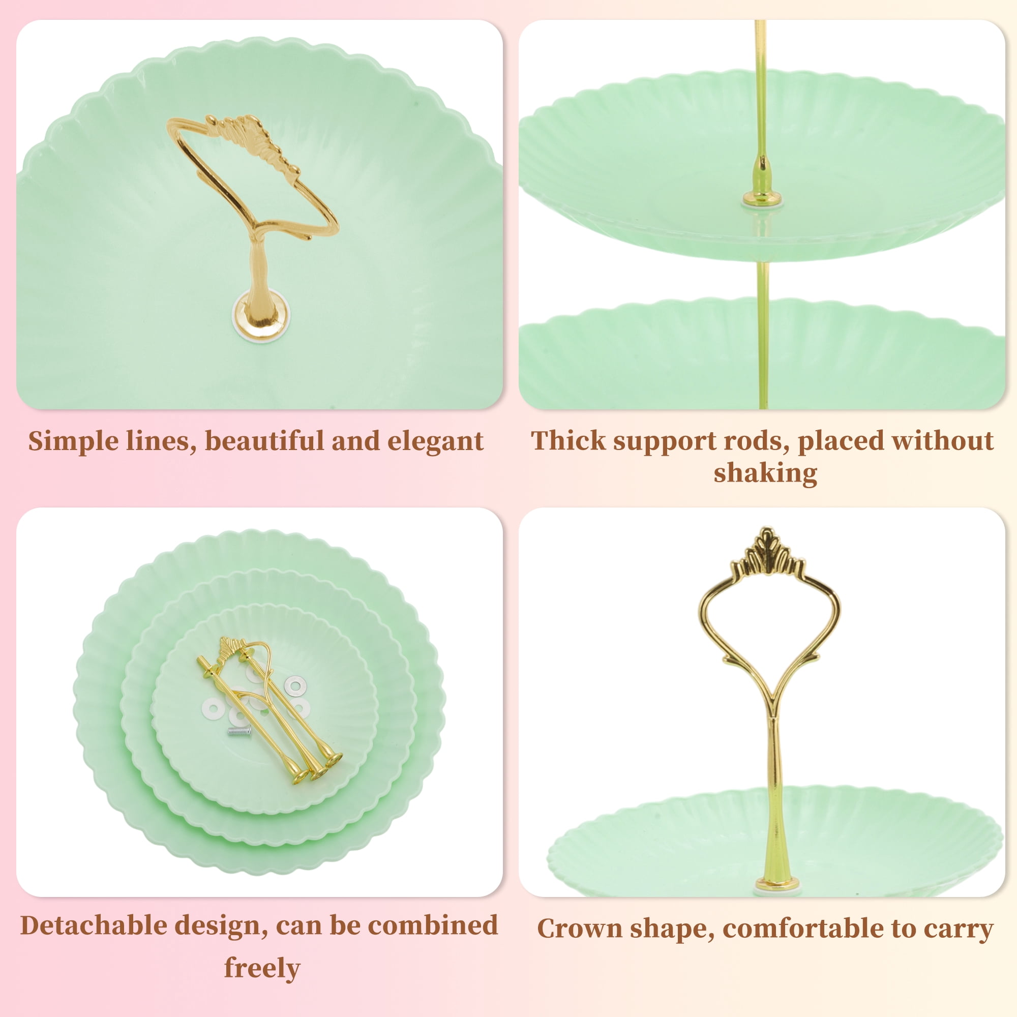 Unique Bargains 3 Tier Dessert Cupcake Stand Holder Wave Style Green Gold Tone