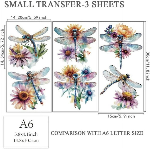 3-Pack Watercolor Dragonfly Rub-On Transfers - 6x12 Inch Decals for Crafts & Furniture